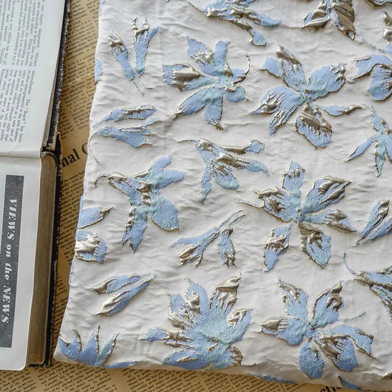 Light Blue Gold Embossed Flower Silk Damask Fabric Brocade Jacquard Fabrics Wedding Dress DIY Sewing Clothing Material By Meter