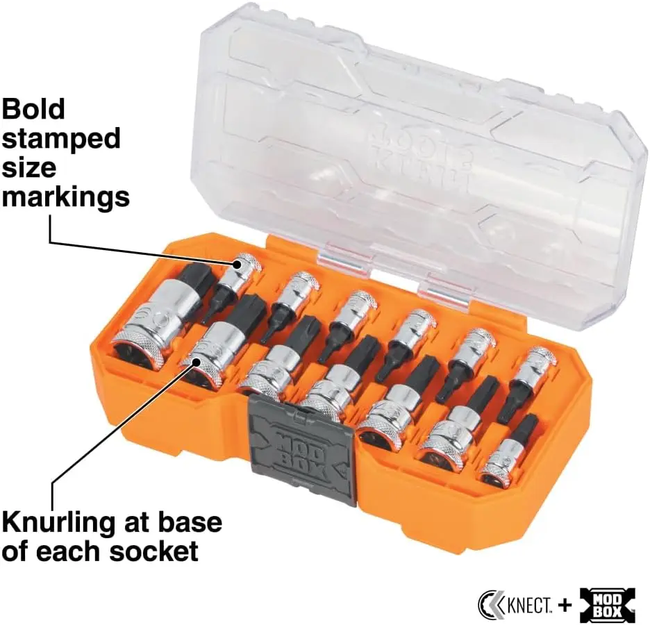 TORX Bit Socket Set, 13-Piece T8 to T60, 1/4 3/8 1/2-Inch Drives, Cr-V Steel, Knurled Base, MODBox Case view 2
