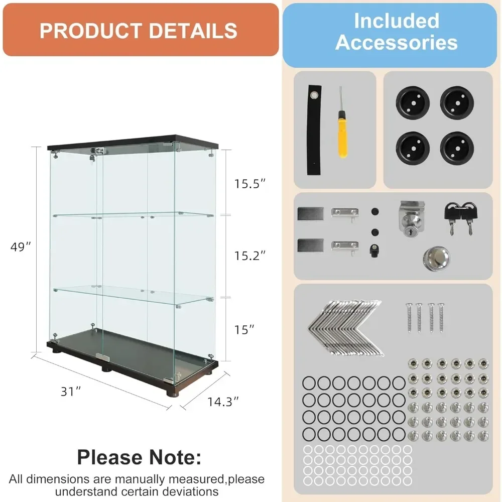 XMSJ 3-Tier Glass Display Cabinet, 49 in,Antique Cabinet with Glass Doors, Floor-to-ceiling Glass Bookshelves,Glasss Display Cab