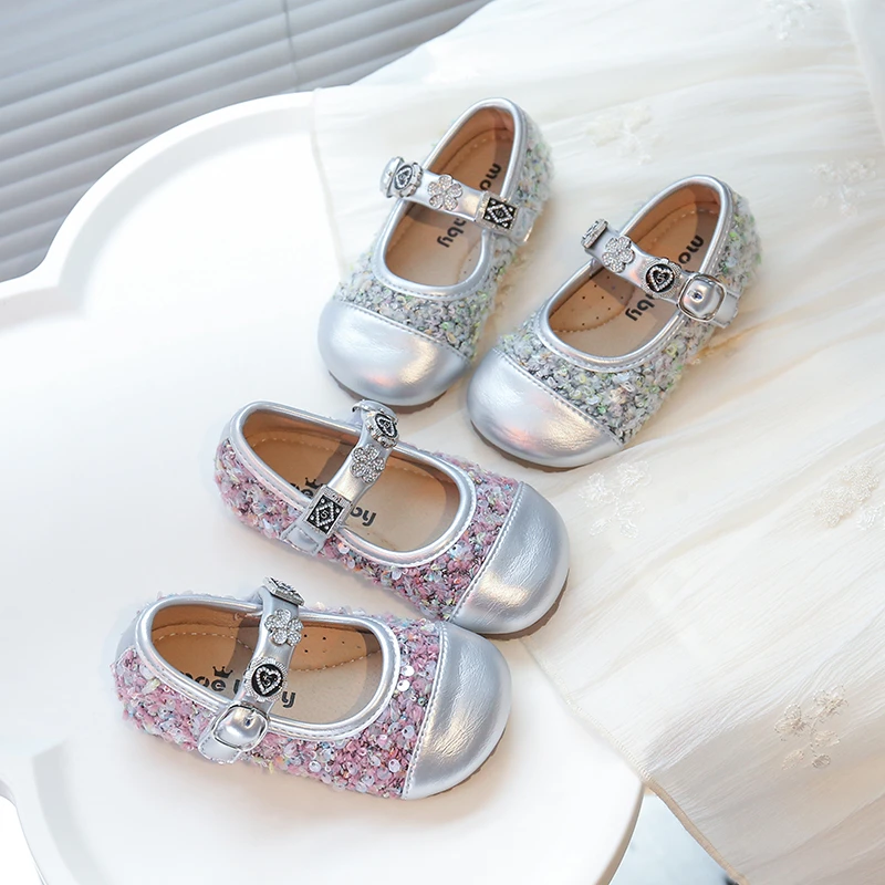 Girls Leather Shoes Fashion Flat Child New Sequin Flash Single Shoes Little Kids Crystal Princess Footwear Wedding Party Shoes