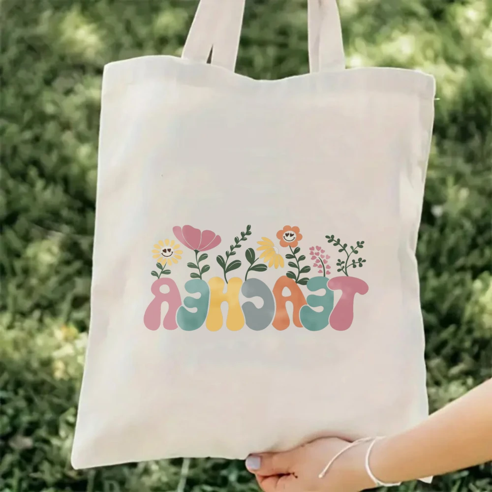 Boho Floral "Teacher" Print Canvas Tote Bag, Aesthetic Casual Shoulder Bag For Women Teachers