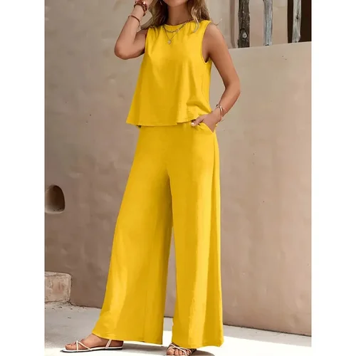 Conjunto de dos piezas para mujer, novedad de verano 20220, chaleco versátil sin mangas con cuello redondo, Tops, trajes, conjuntos de pantalones de pierna ancha holgados informales a la moda
