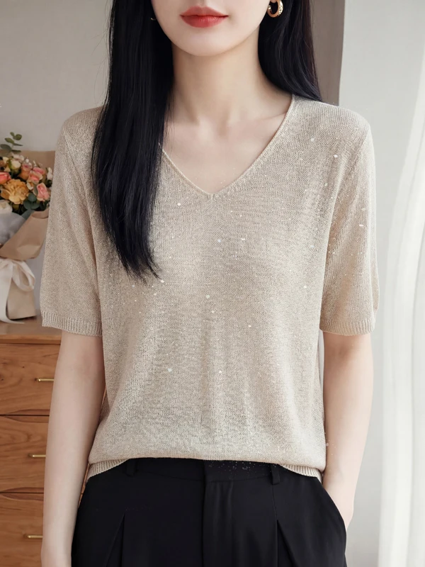 Soft Ice Hemp Knitted T-Shirt Women's Summer Slim Fit V-Neck Short Sleeve Glitter Design Casual Style Breathable Comfortable