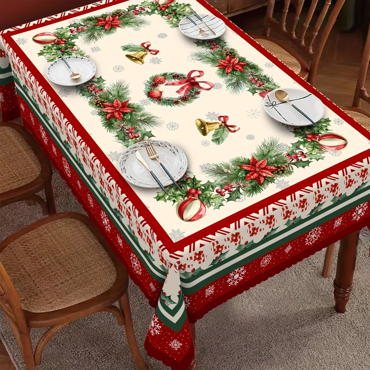 Christmas Festive Snowflake Botanical Wreath Pattern Rectangle Tablecloth Table Decor Waterproof Tablecloth Xmas Decorations