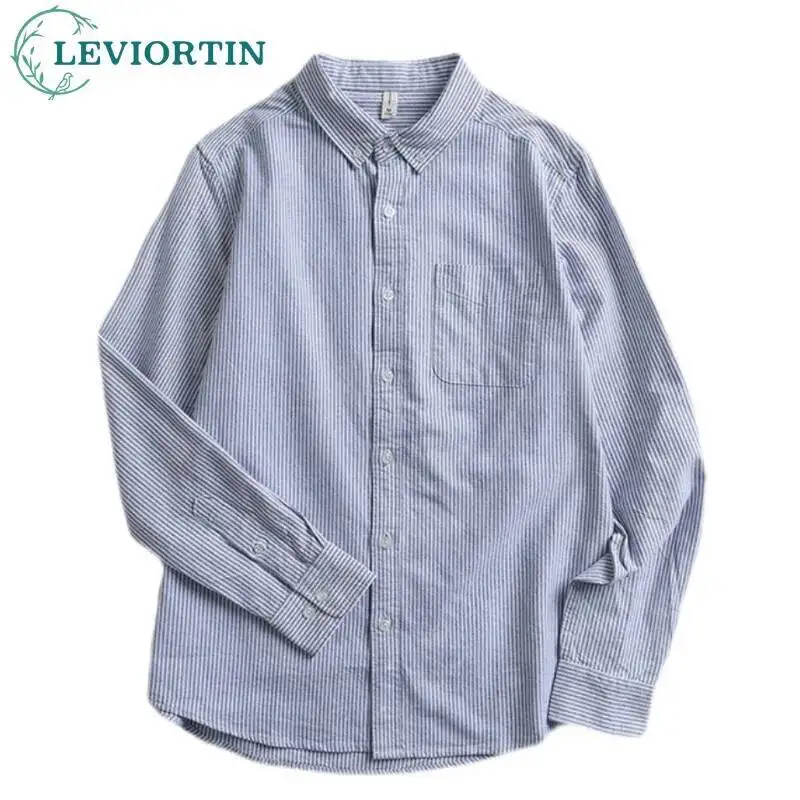 

Весенне-осенняя японская свежая оксфордская рубашка в полоску, мужская повседневная рубашка с длинным рукавом, простая свободная стираная рубашка в синюю полоску