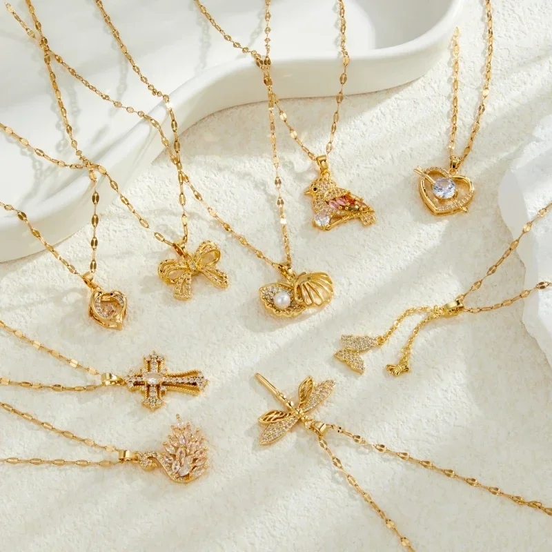 

Titanium Steel Series Exquisite Zircon Necklace Women's Cross Dragonfly Bow Heart Pendant Daily Christmas Party Jewelry Gift