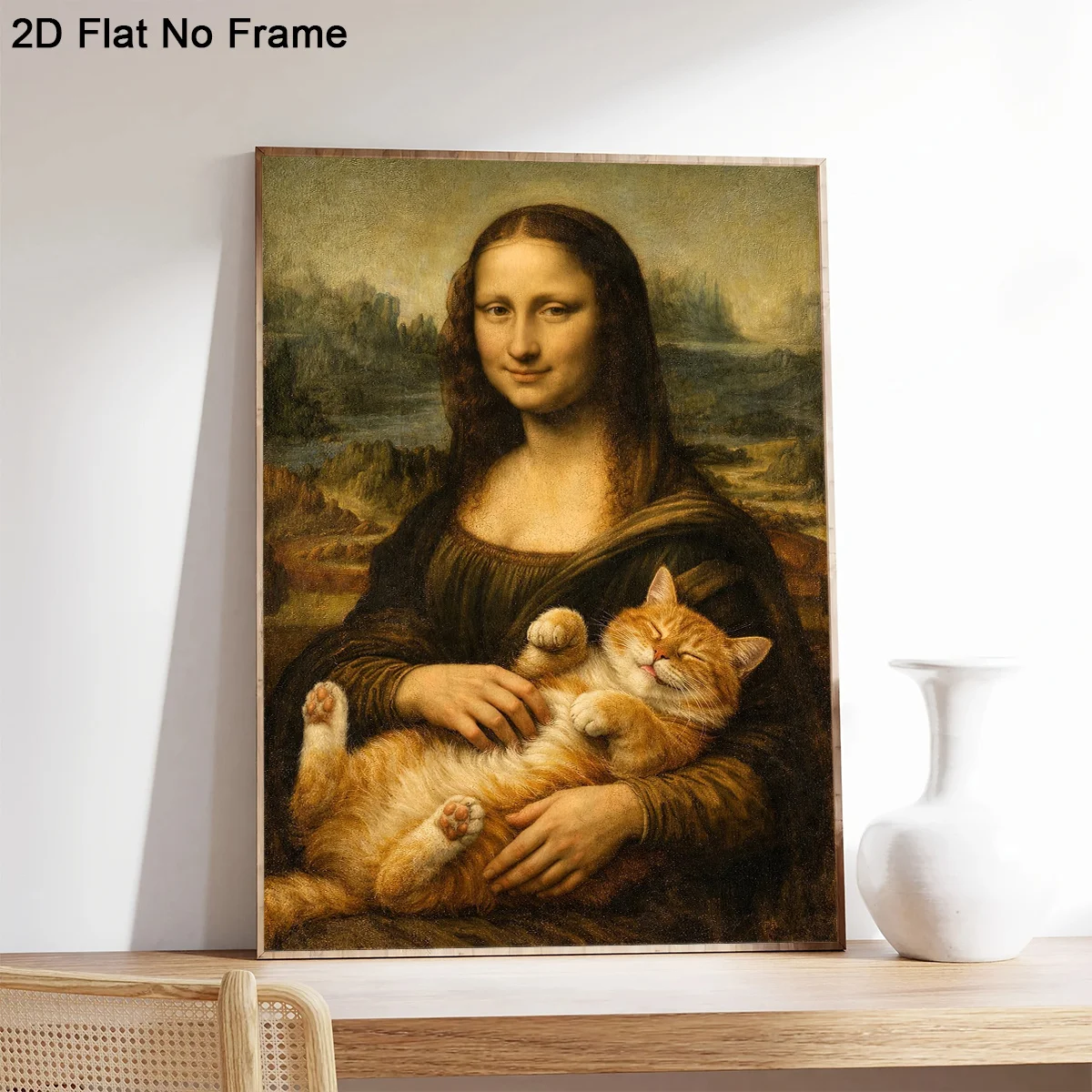 2D Flat, 2D Flat, 1pc Frameless Canvas Poster, Mona Lisa Holding an Adorable Sleeping Ginger Cat Wall Art Canvas Painting, Be