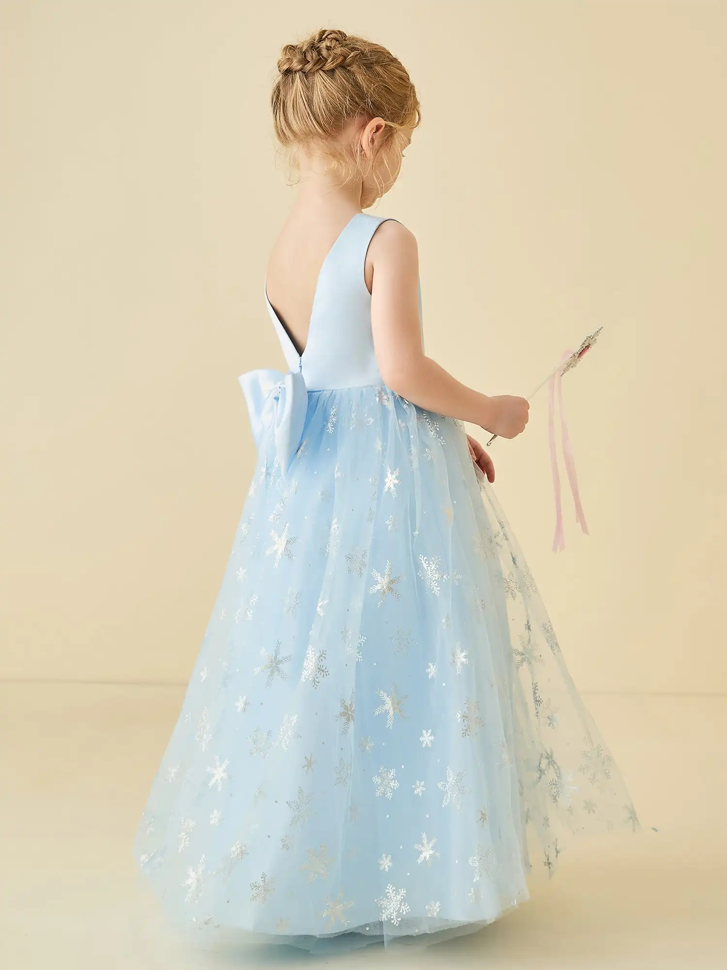 Fiocco di neve Applique Flower Girl abiti con fiocco aperto sul retro abiti da sposa lunghi fino al pavimento abiti da festa di compleanno per bambini increspati