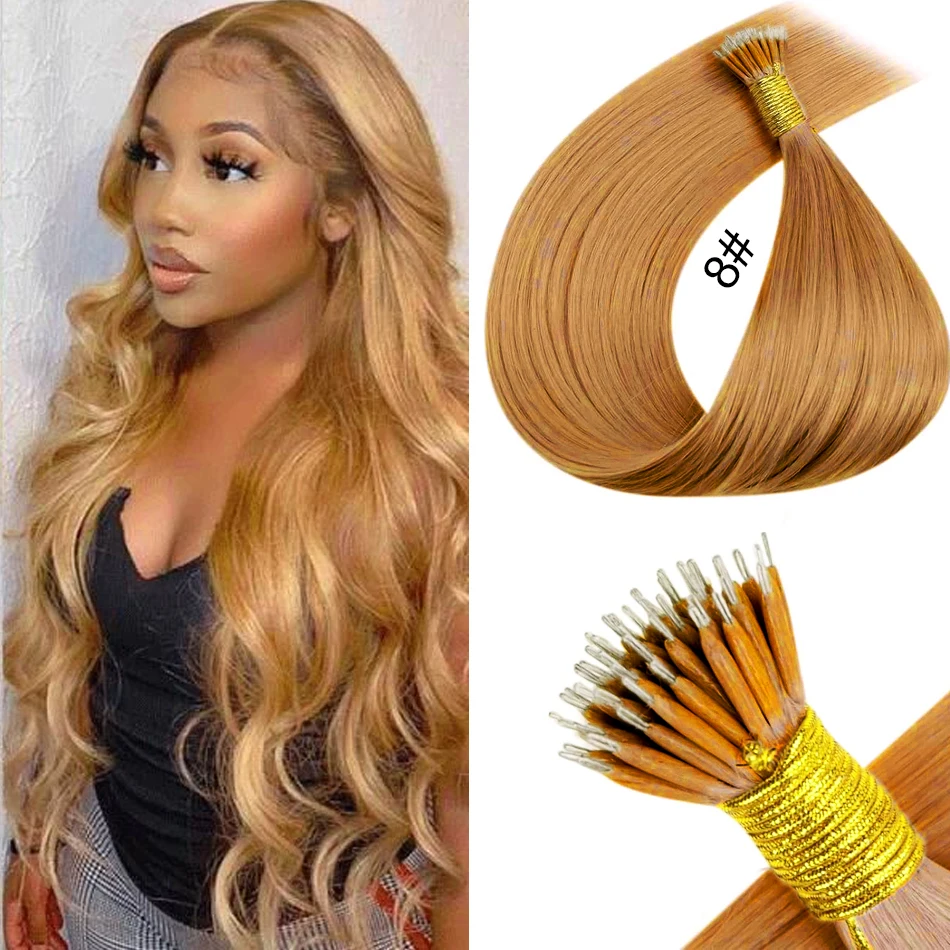 100% Real Human Hair for Brazilian Straight Nano Tip Hair Extensions 18-30 Inches Virgin Hair 613 Blonde 1b 99j Color