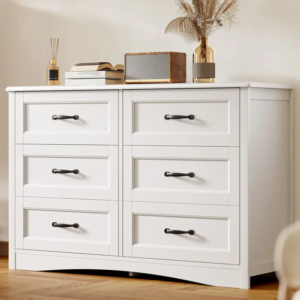 Commode à 6 tiroirs pour chambre à coucher, commode plus grande de 47 pouces avec poignée mentale pour chambre d'enfants, commode blanche avec 6 tiroirs de rangement