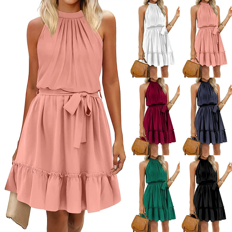 

Women's Dress 2024 Spring and Summer New Fashion Solid Color Round Neck Neck Strap Sleeveless Casual Elegance