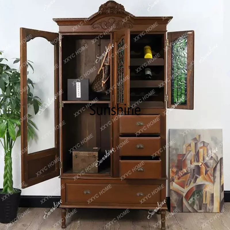 Colored floral glass wine cabinet, filing cabinet, old modern homestay bar pocket cabinet