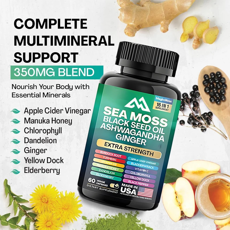 

60 capsules of seaweed,black seed oil,South African drunken eggplant, turmeric,blackerwrite, burdock, ginger, vitamin C, D3, etc