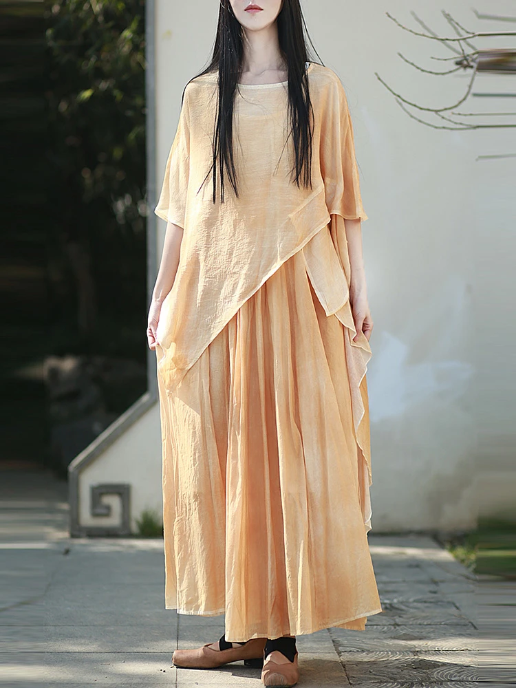

2 Piece Set Women Casual Dress Suits New Arrival 2025 Summer Vintage Style Female Batwing Sleeve T-shirt And Long Dresses T590