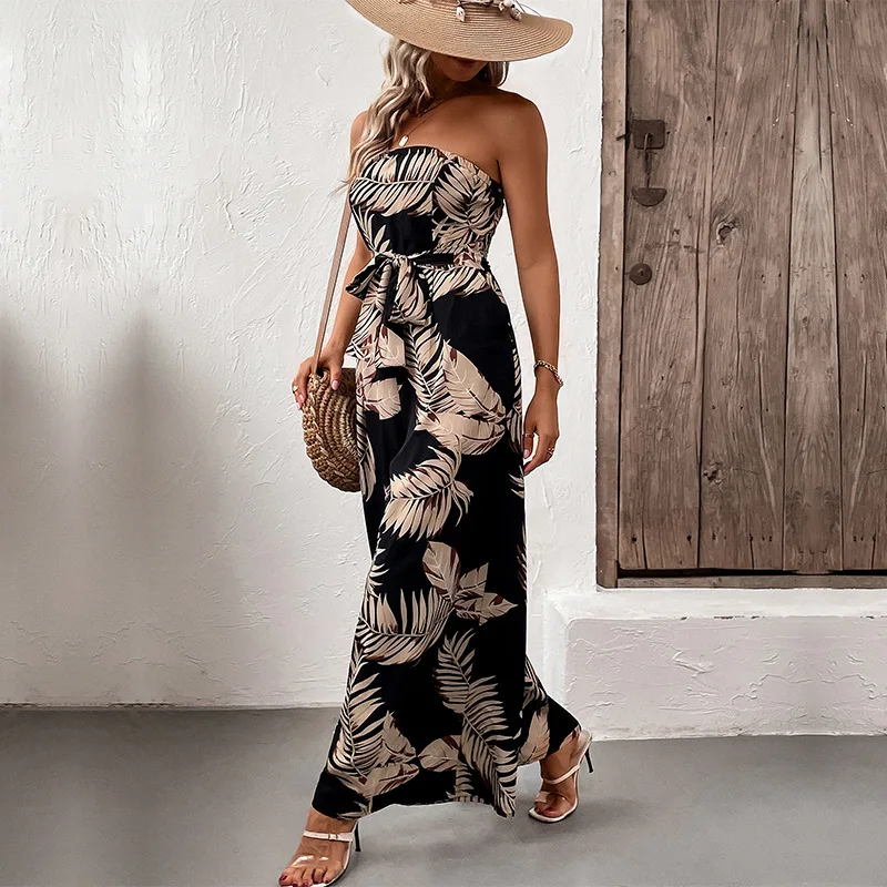 Summer Casual Vacation Tropical Style Leaf Print Strapless Jumpsuit