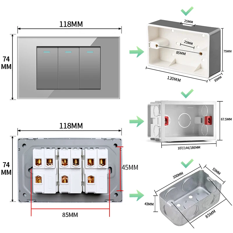 PSSRISE AU EU Brazil Italy US Standard 1/2/3/4/5/6 Gang 2 Way Wall light switch Tempered glass Panel Switch 118*74mm AC110-250V image 4