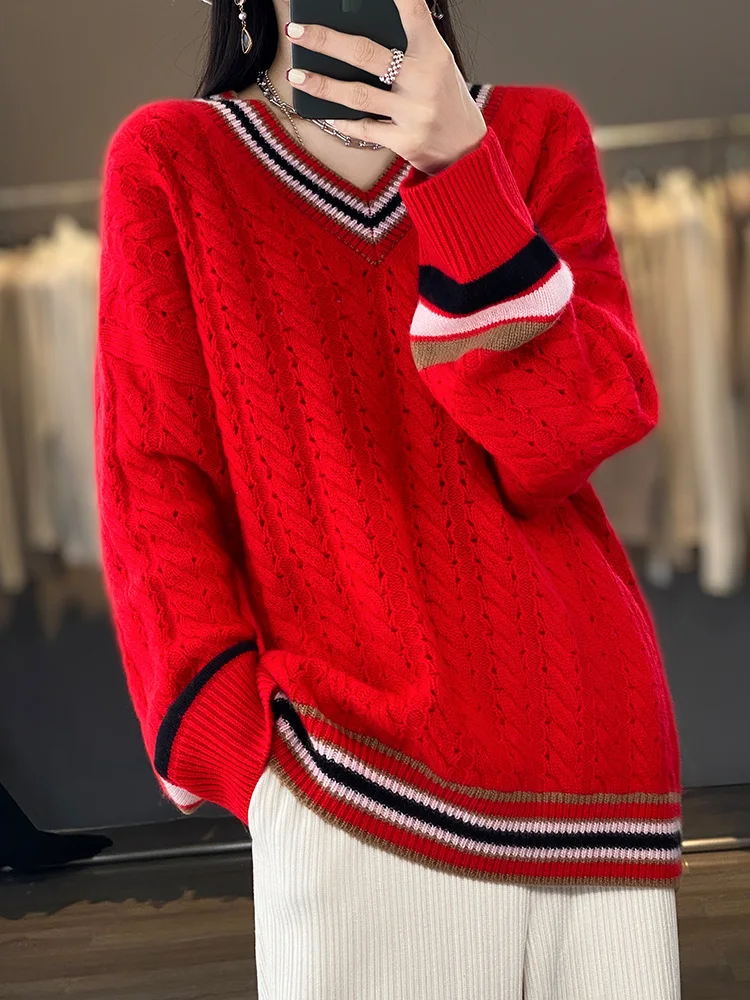 Addonee Women V-neck Sweater Preppy Style Loose Pullover Autumn Winter 100% Merino Wool Hollow Long Sleeve Cashmere Knitwear Top