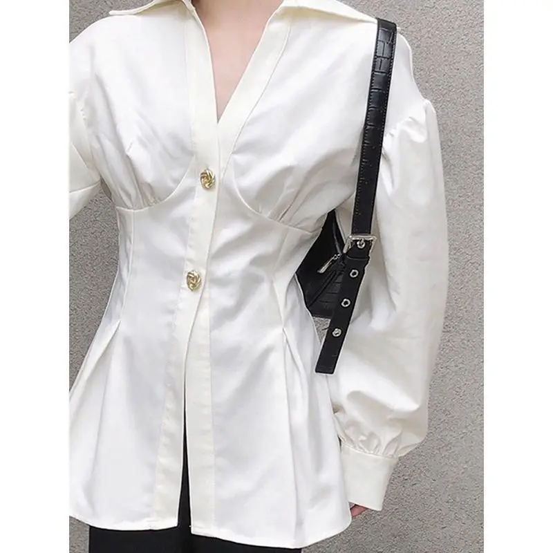 Lantern-sleeve Slim Elegant Office Lady All-match Shirts Leisure French Tunic Bandage Design Spring Irregular Hem Solid Tops