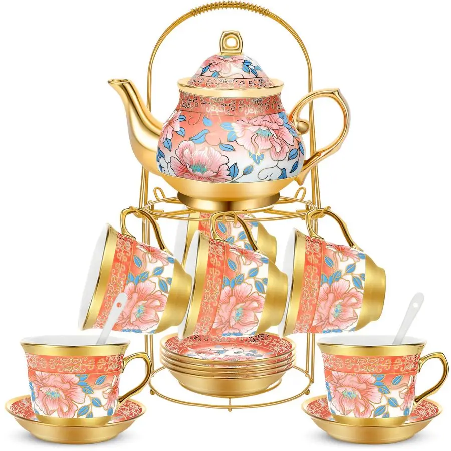 

20 Pcs Porcelain Tea Set for Adults with Metal Holder and Spoon European Ceramic Tea Party Set Flower Painting Teapot Cup Saucer