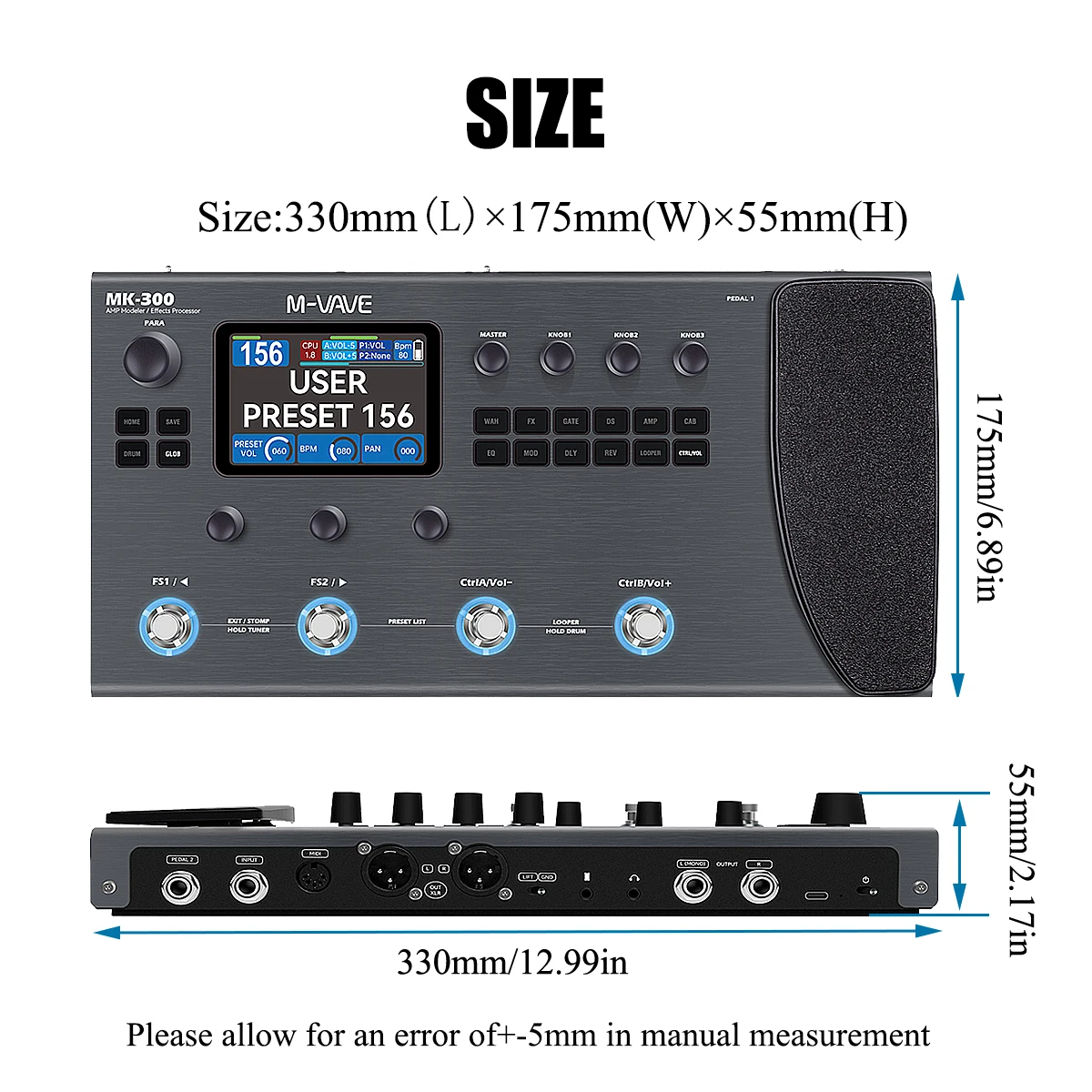 M-VAVE MK-300 Professional Multi-Effects Pedal - 11 Modules, 120 AMP/CAB Models, Bluetooth MIDI, OTG Recording, 10H Battery