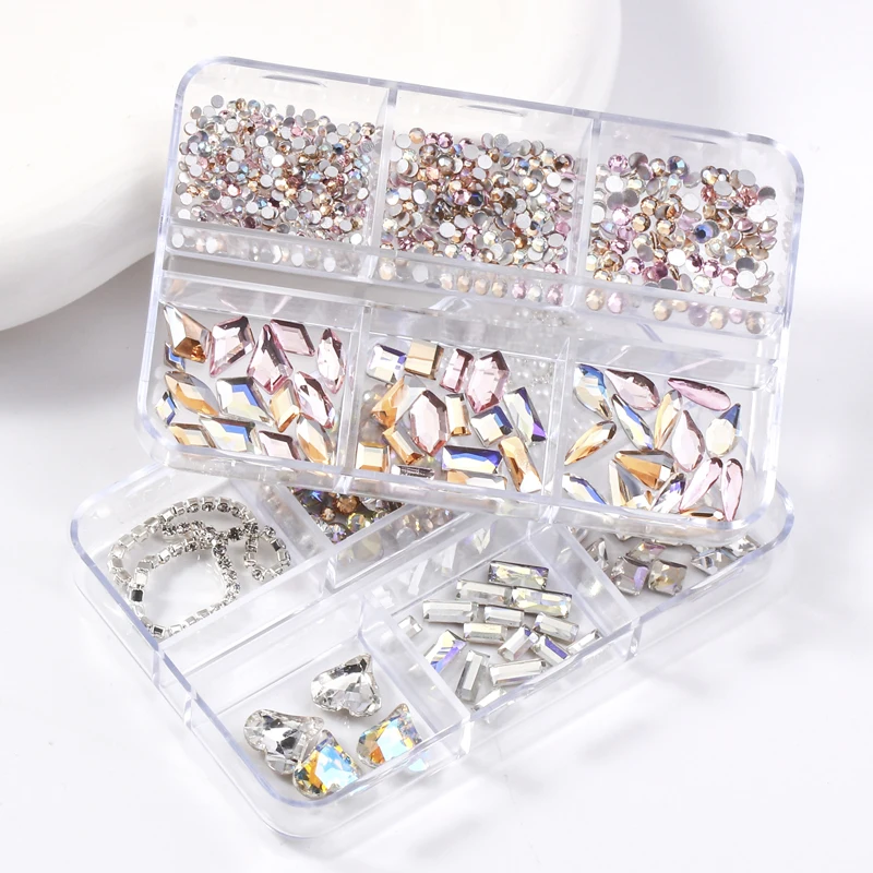 6 Girds/Box Multi-Shape Nail Art strass Mix 3D Crystal Glass Nail Bulk fondo piatto diamante AB Manicure decorazione unghie