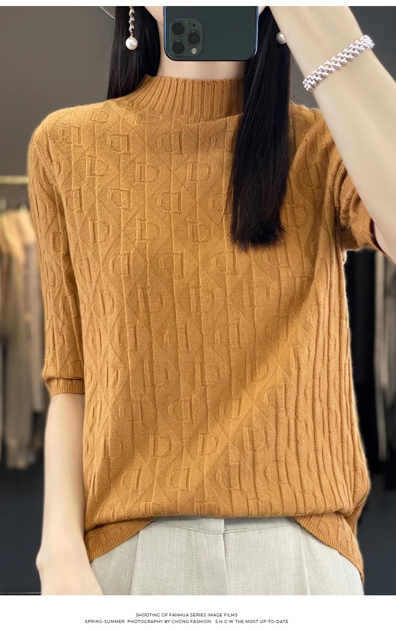 Women New Soft Diamond Letter Design Sweater Half-high Collar Three Quarter Sleeve Pullover Spring Summer Casual Knit Slim Top