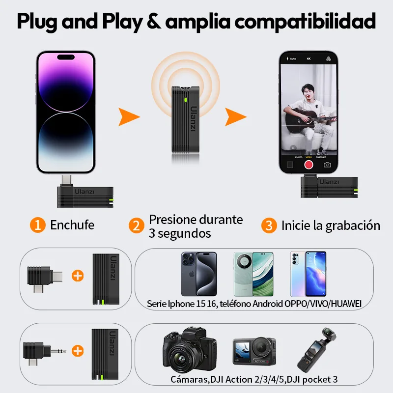 Micrófono inalámbrico de solapa para smartphone Ulanzi A100 para iPhone 16 15 Xiaomi Samsung Dji Action 5 4 3 2 OSMO Pocket 3 SONY 3