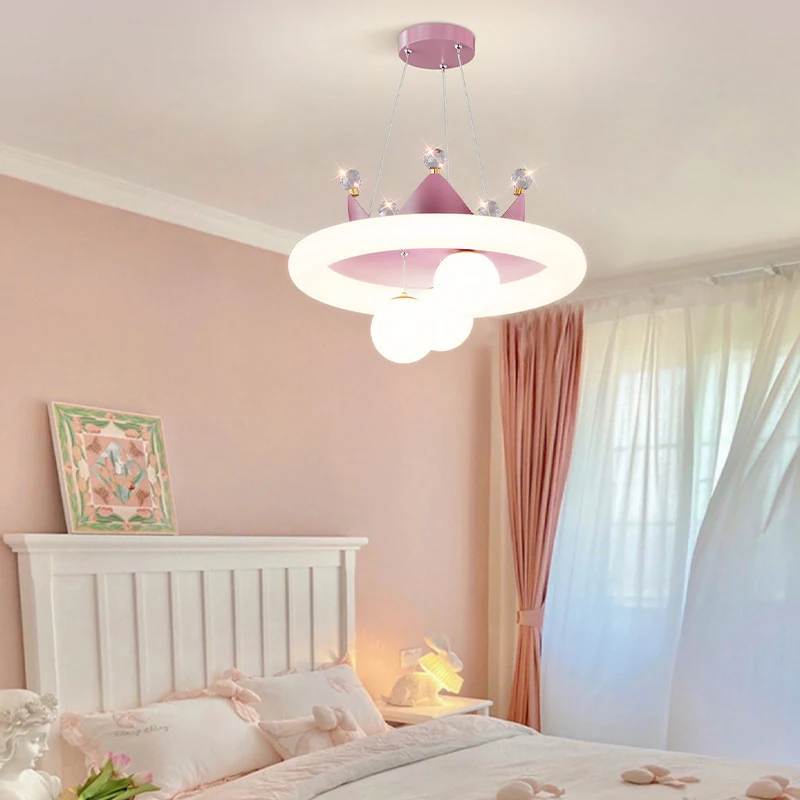 Modern Children\'s Room Chandeliers Pink Princess Room Decor Lamp Warm Romantic Girl Boy Bedroom Chandelier Crystal Crown Lamp