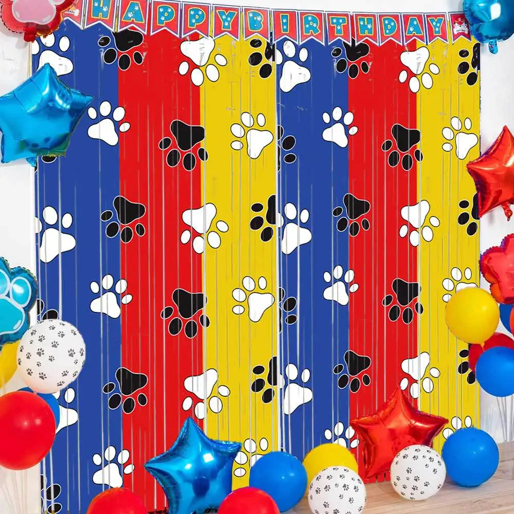 Gold-Rot-Blaue Pfoten-Geburtstagsparty-Dekorationen, Ballons, Lametta, Folienfransen-Vorhänge für Foto-Requisiten, Pfoten 3. Geburtstag Dekorationen – Detail 5