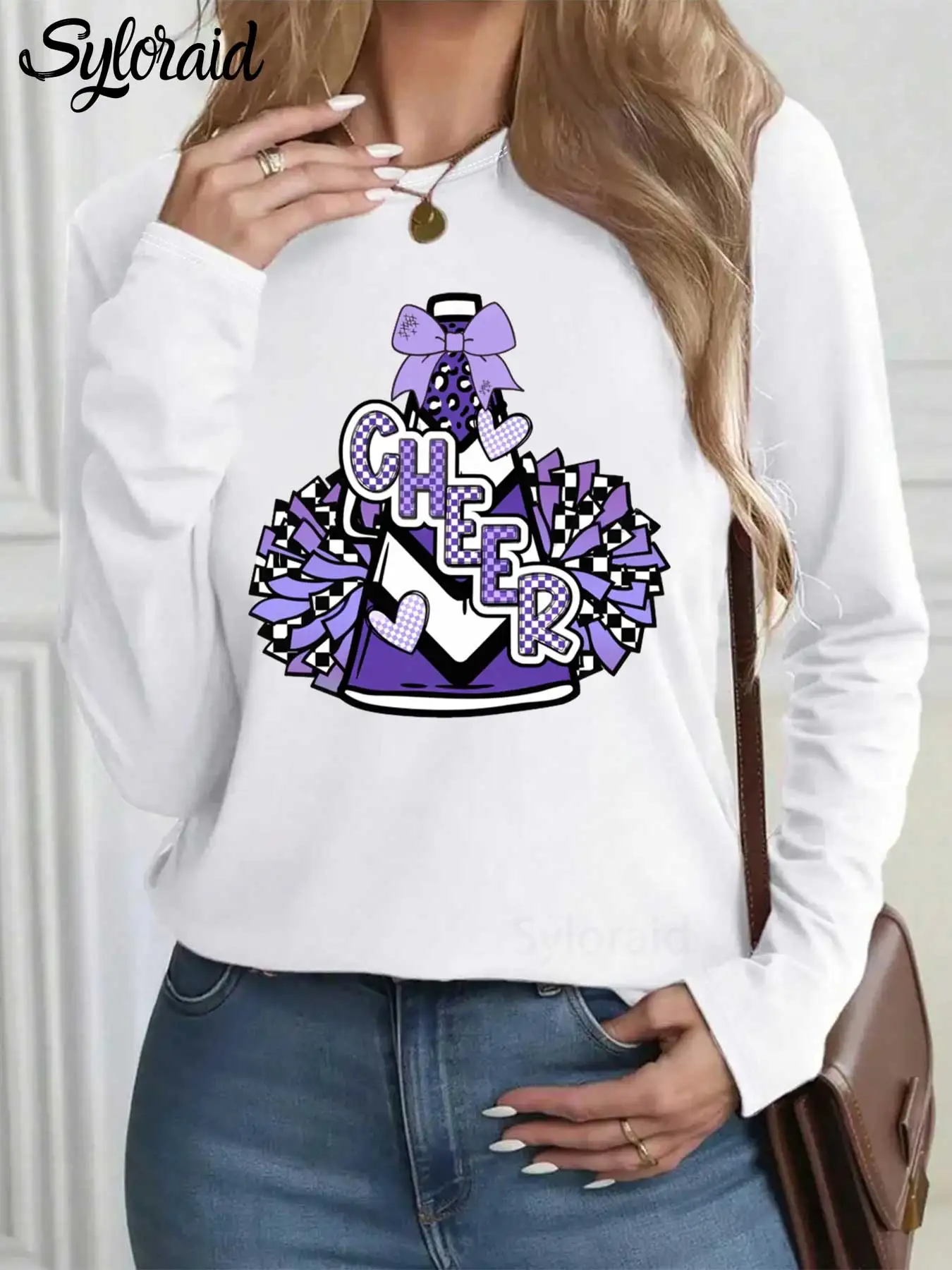 レディース長袖Tシャツ パープル チアリーダーボウTシャツ チアコーチシャツ ファッション ラウンドネック カジュアルトップ