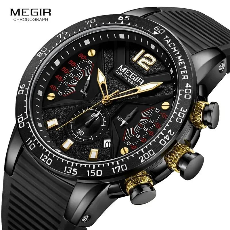 MEGIR Men's Army Sport Quartz Watches Silicone Band Chronograph Waterproof Luminous Wristwatch Man Relogios Masculino 2106 Black