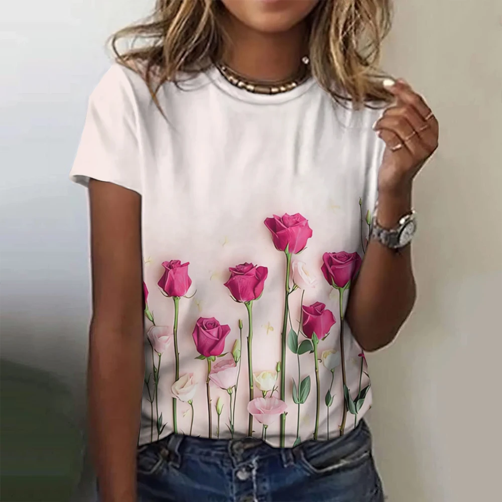 2024 Top Women Flower Printed Women\'s T-Shirt Oversized T-Shirt Popular Clothes Women Clothing Short Sleeve Tee Blouse