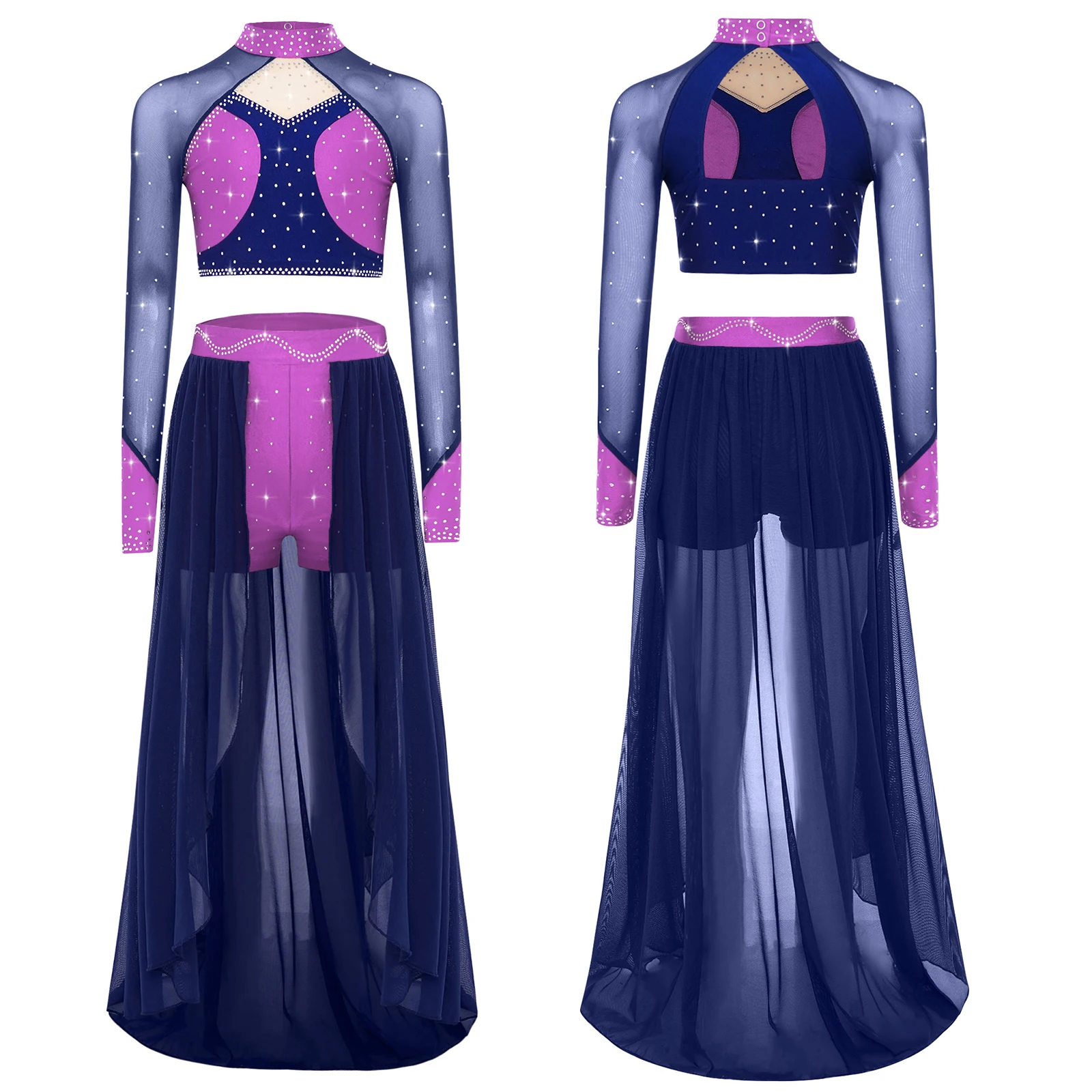 Robe de Ballet de patinage artistique pour enfants filles, haut court en maille transparente avec strass + justaucorps à jupe, Costume de danse lyrique