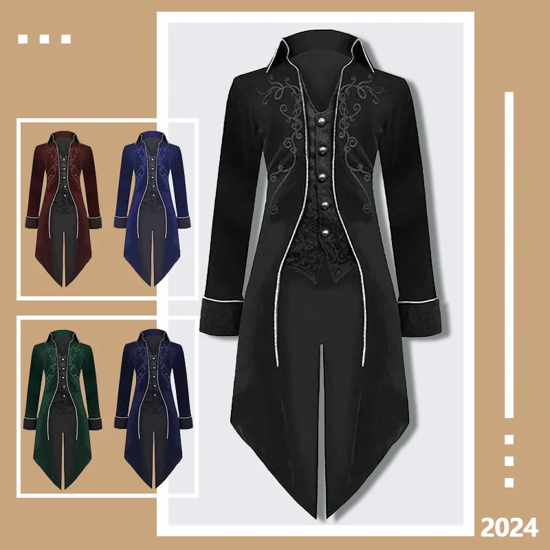 

2024 New Halloween Tailcoat Medieval Retro Men's Long Coat Punk Style Fashionable And Elegant Ideal for Parties And Events