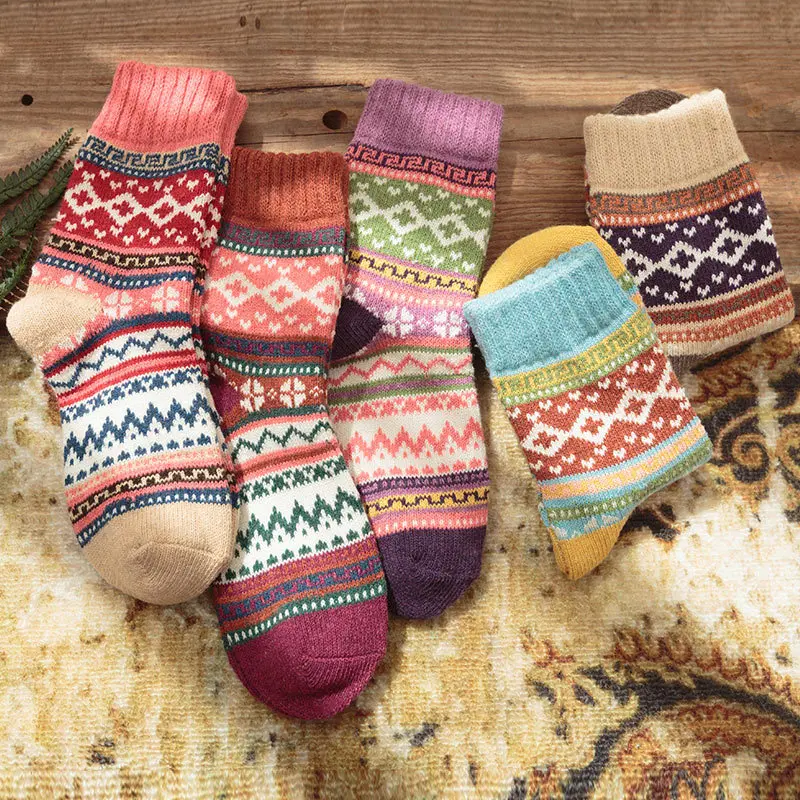 5 Pairs Ladies' Socks Set Japanese Striped Ethnic Style Retro Fashion Mid Tube Socks Winter Thick Warm Soft Floor Socks For Girl