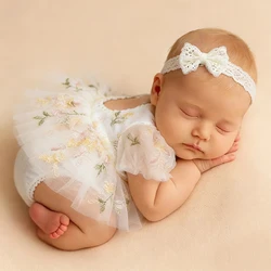 Ylsteed 2 Pieces Set Embroidery Floral Newborn Photography Outfits Girl with Headband Baby Photography Props