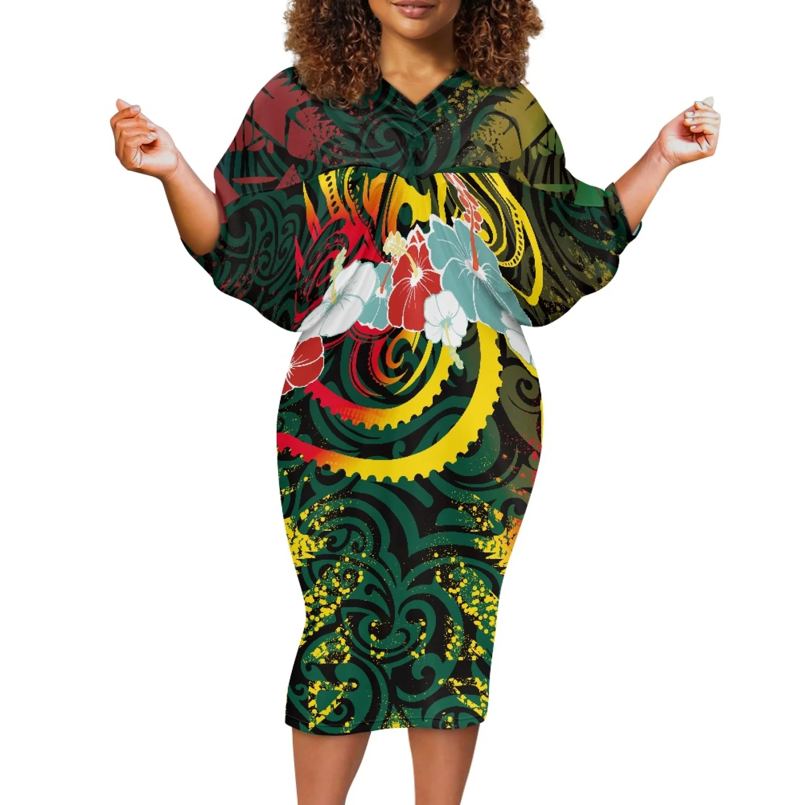 

Polynesian Tribal Samoan Totem Tattoo Samoa Prints，Women Elegant Printed Maxi Dress，Dolman Sleeves Women's Summer Party Dress