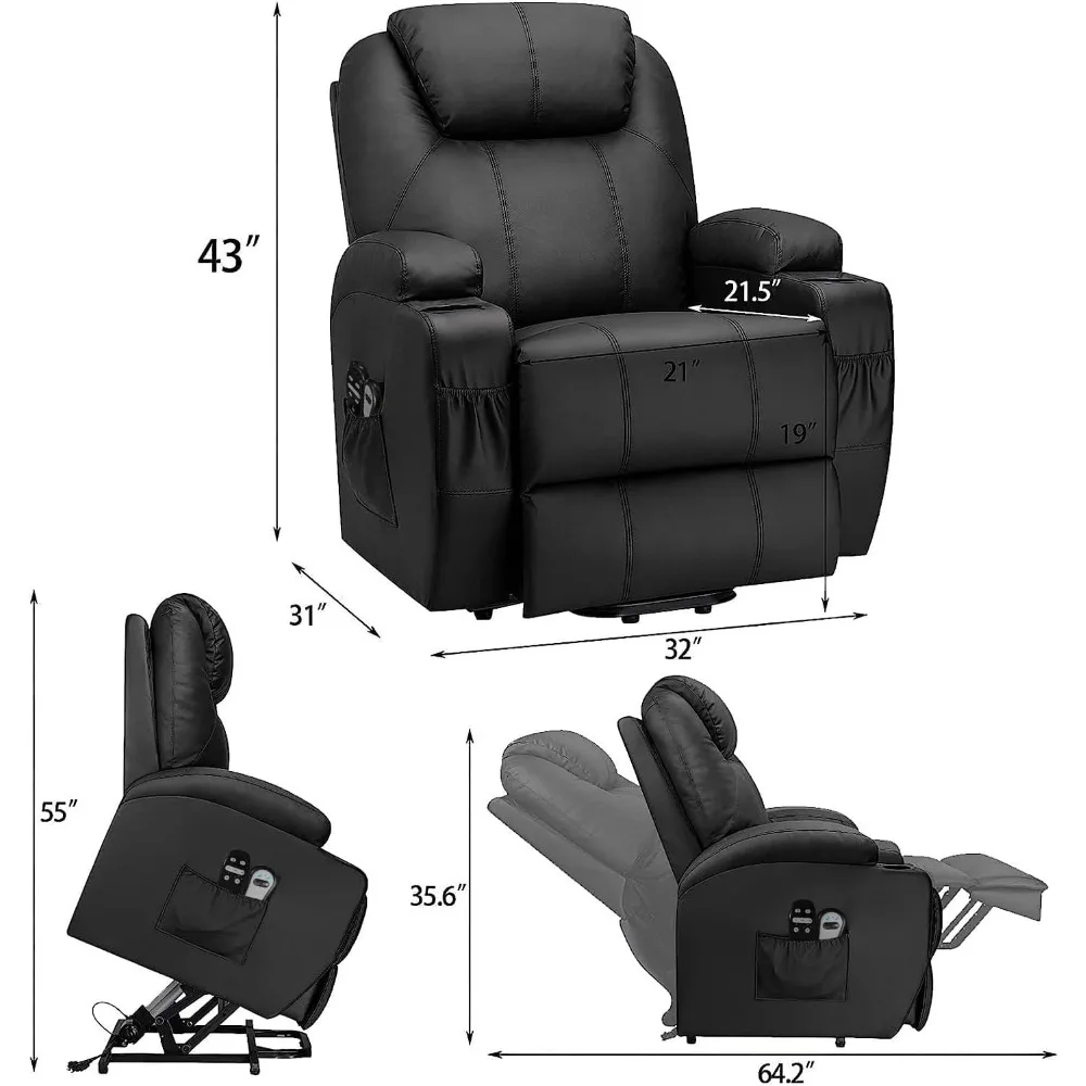 Power Lift Fauteuil PU-leer met massage voor ouderen Ergonomische loungestoel Klassieke enkele bank, fauteuil