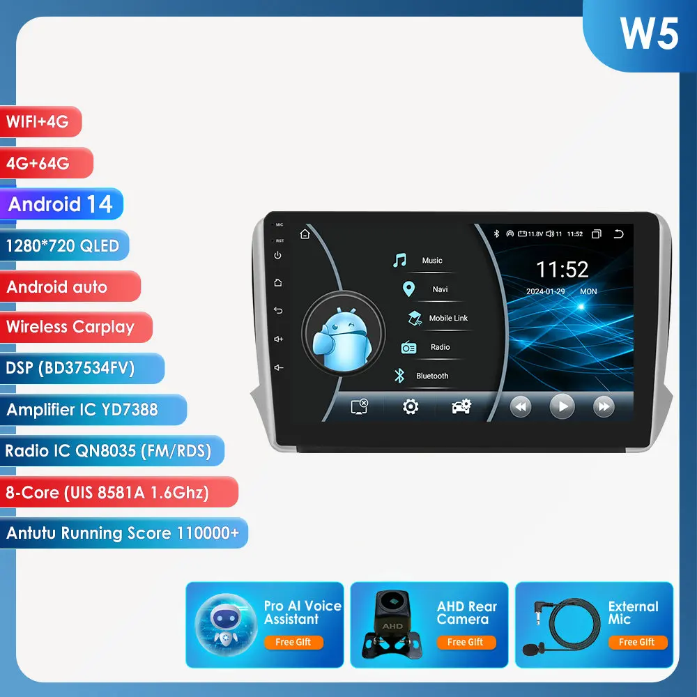 Hizpo Autoradio Carplay 4G 8581 AI Systemen Android Autoradio voor Peugeot 208 2008 Serie 2012-2018 multimedia Video Player Gps