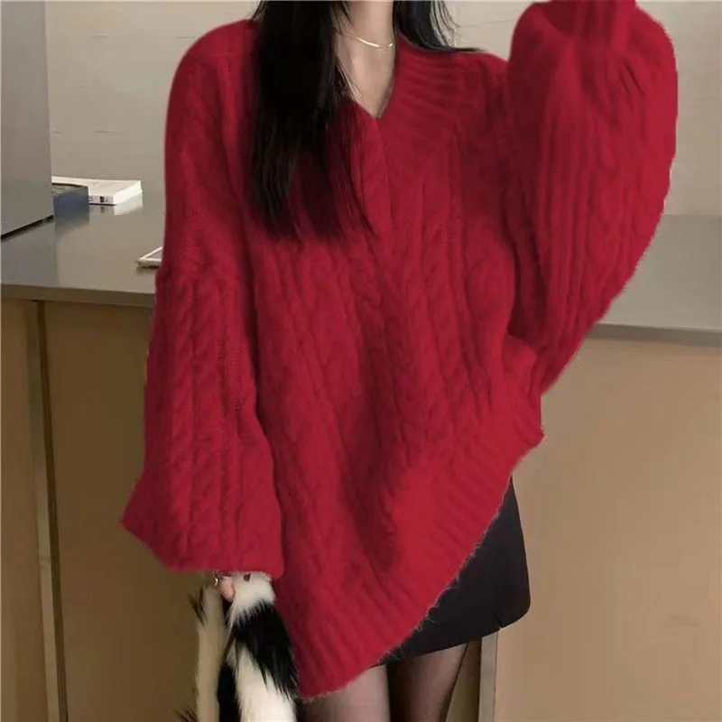 Lucyever Autumn Winter Women Sweater Lazy Style Oversized Thick Long Sleeve Knitted Pullover Female Korean Loose V-Neck Jumper