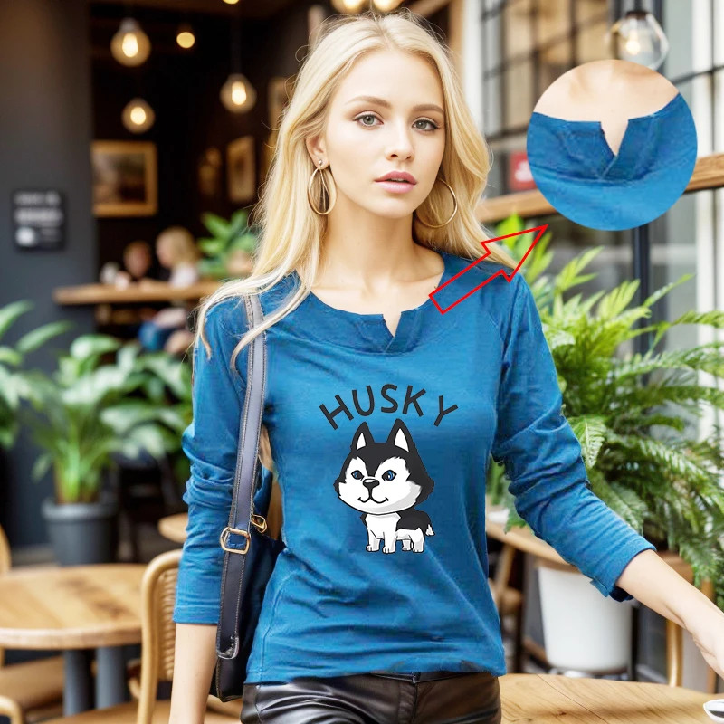T-Shirt à manches longues pour femme, petit col en v, imprimé Husky mignon, Slim et fin, tempérament jeunesse, automne 2025