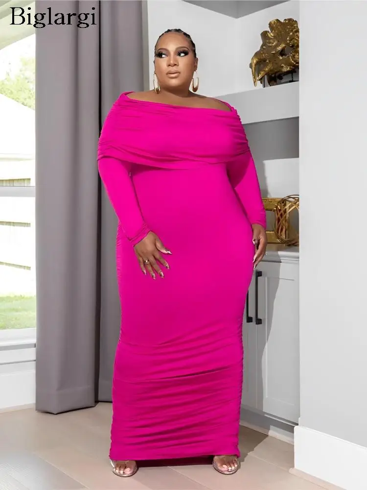 

Plus Size Autumn Long Dress Women Off Shoulder Fashion Bodycon Sexy Pleated Ladies Dresses Long Sleeve Woman Dress 2023