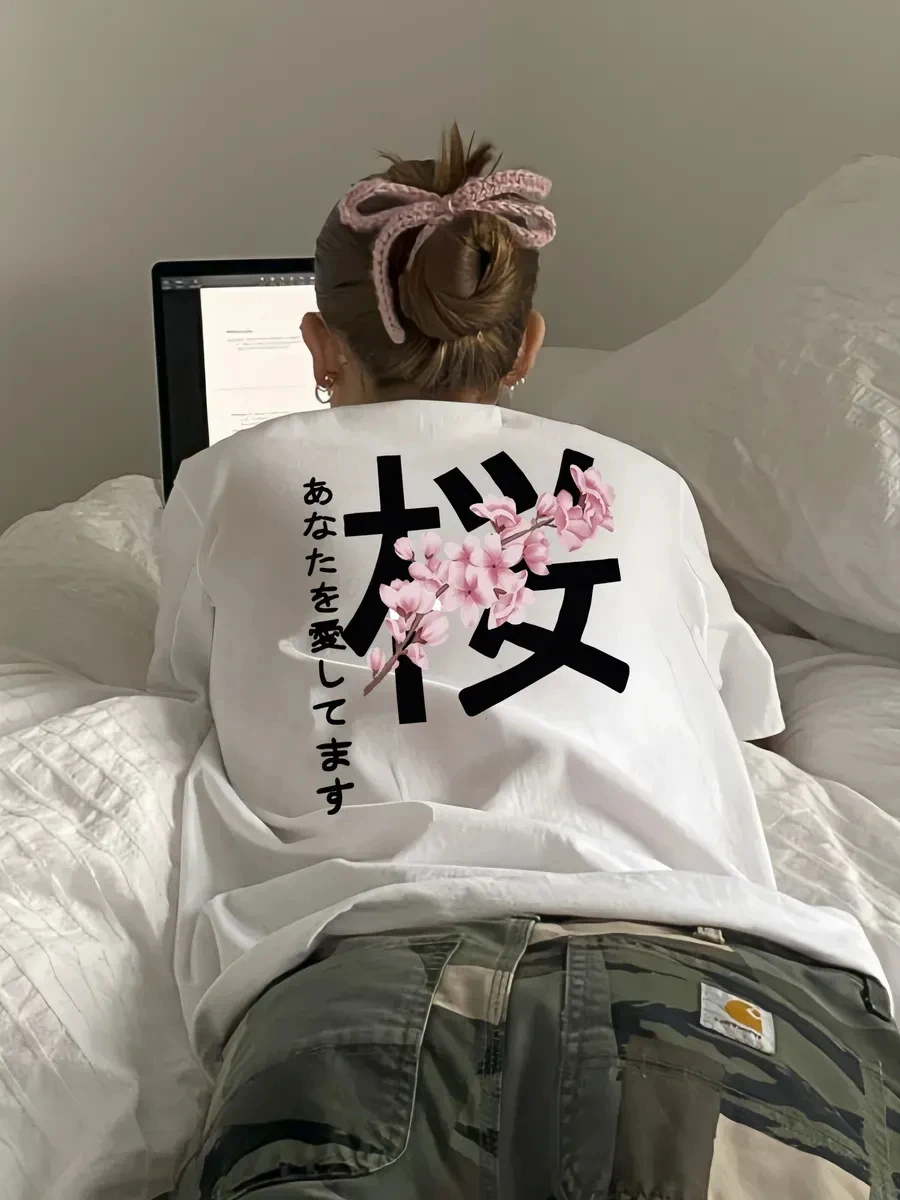 Cherry Blossoms I Love You Prints T-Shirts Cotton Womens Summer Oversized Tops Soft Short Sleeve T Shirts Casual O-Neck Clothes