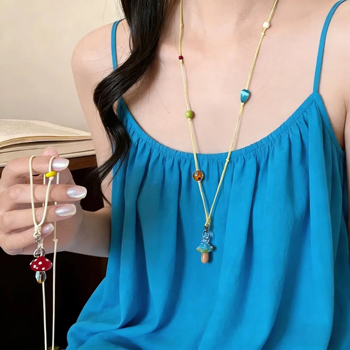 Summer Dopamine Mushroom Pull‑Through Wax Cord Necklace for Women,Korean Style Y‑Shaped Long Chain,Sweet Versatile Fashion Jewelry for Daily Travel Beach Party Birthday Holiday Gift Accessories