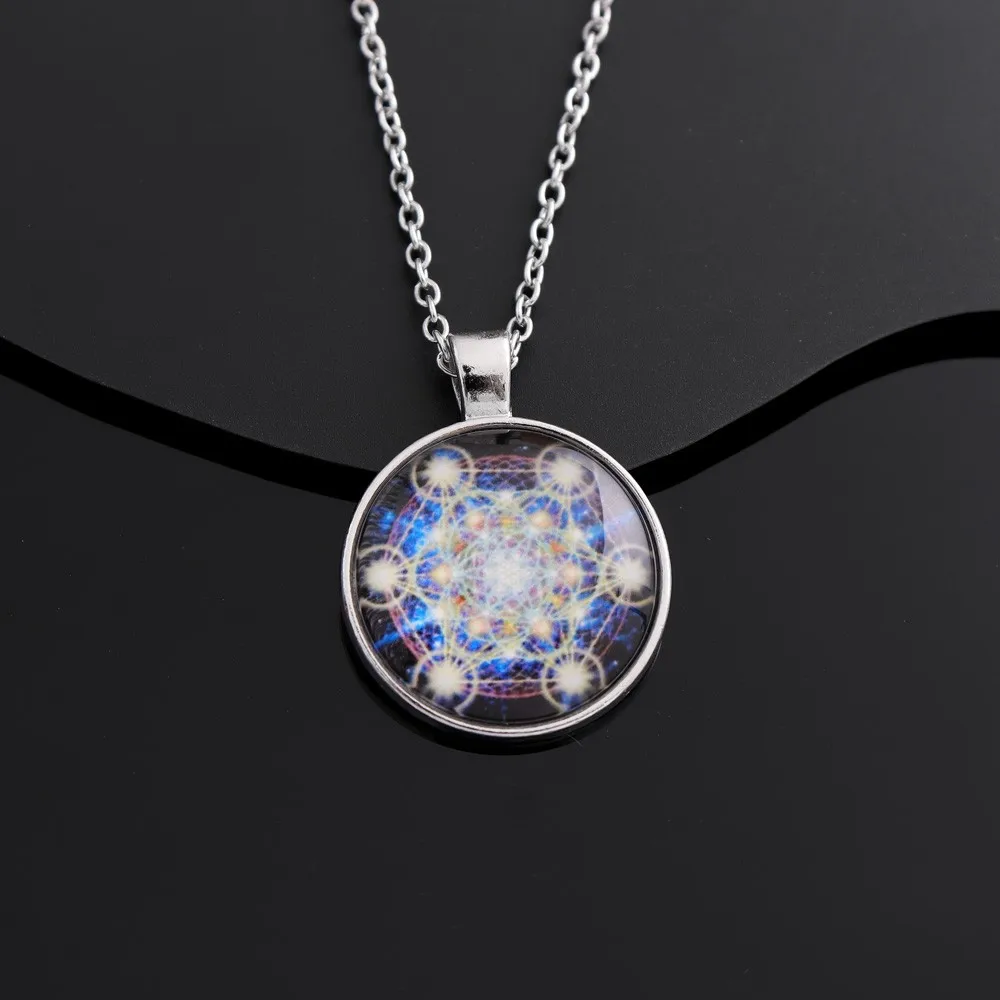 Metatron's Cube Sacred Geometry Pendant Necklace Galaxy Nebula Glass Dome Black Chain Spiritual Yoga Amulet Jewelry Gift