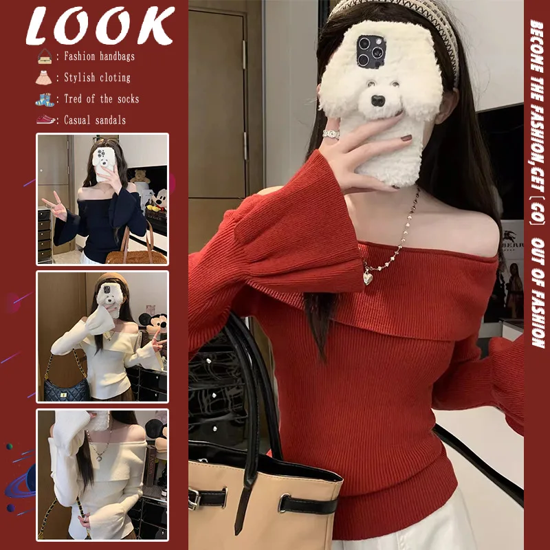 

Red oulder Bared Knitted Sweater Women's Sle Korean Fit Thiened Winter Faion Fur Velvet New Year Luy Year Base ...