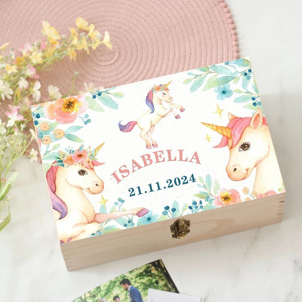 Personalized Unicorn Baby Wooded Memory Box Newbron Shower Gift Baby Keepsake Birth Stats Case Custom Infant Umbilical Cord Box