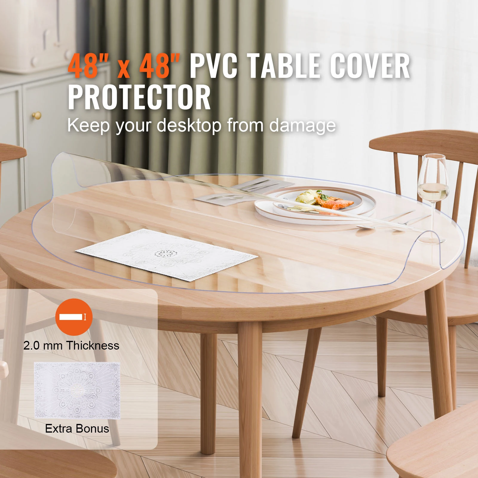 VEVOR Plastic Table Cover Clear Table Protector, Round PVC Desk Mat Waterproof & Easy Cleaning Desk Pad Tablecloth