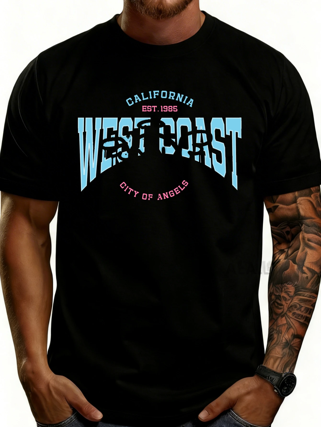 Casual Street Style Men's T-Shirt with California West Coast Angel City Design, Suitable for Spring and Summer Wear, a Gift for Friends and Family
