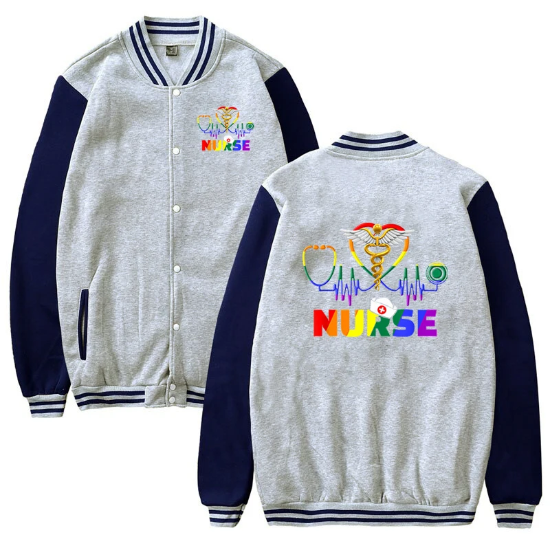 Nurse Nursing RN LGBT Gay Pride Rainbow Patchwork Jacket Women Fall Casual Baseball Uniform Coat Fashion Sweatshirt Oversize